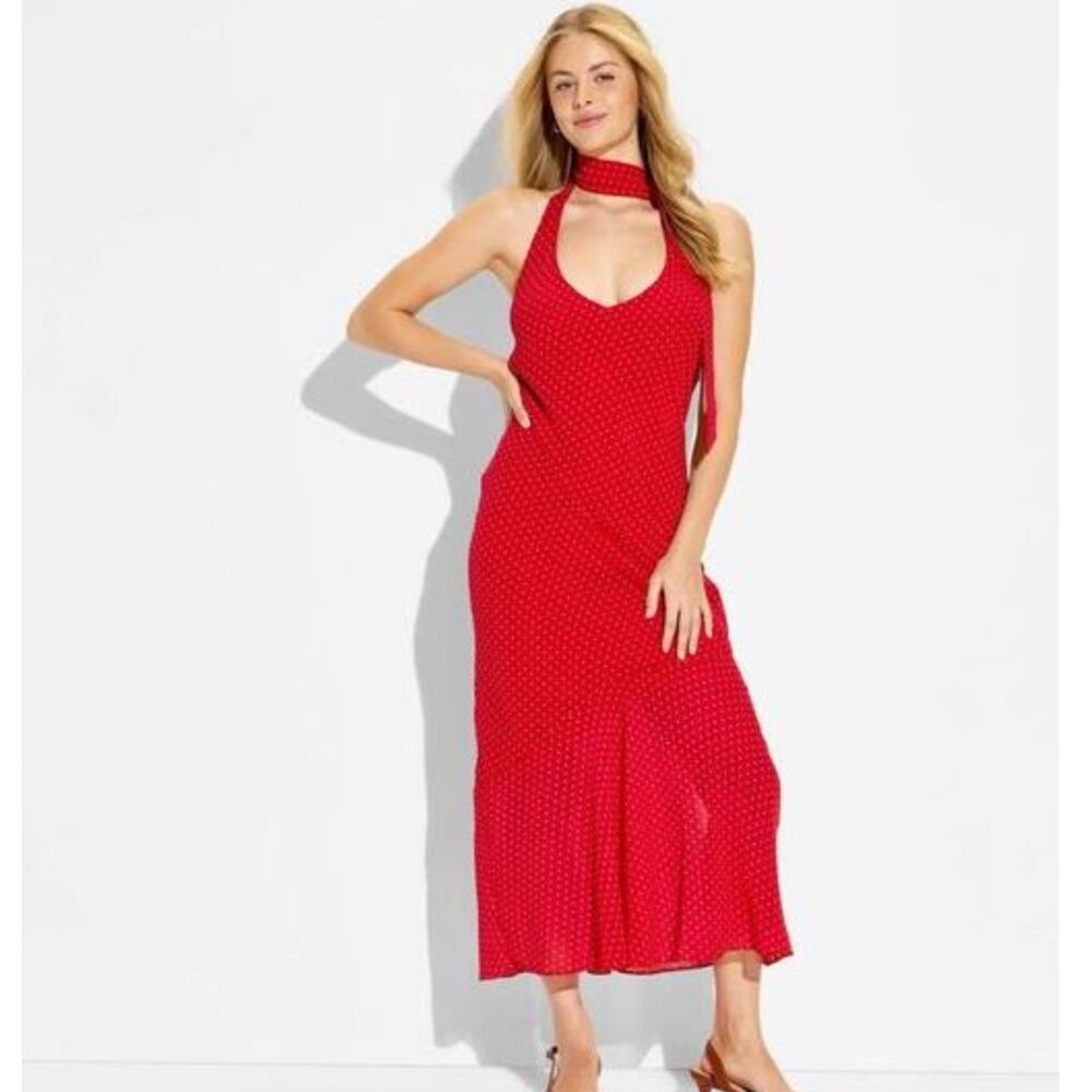 Wild Fable Red Polka Dots Halter Scarf Maxi Dress Size L Trendy Y2K Rockabilly